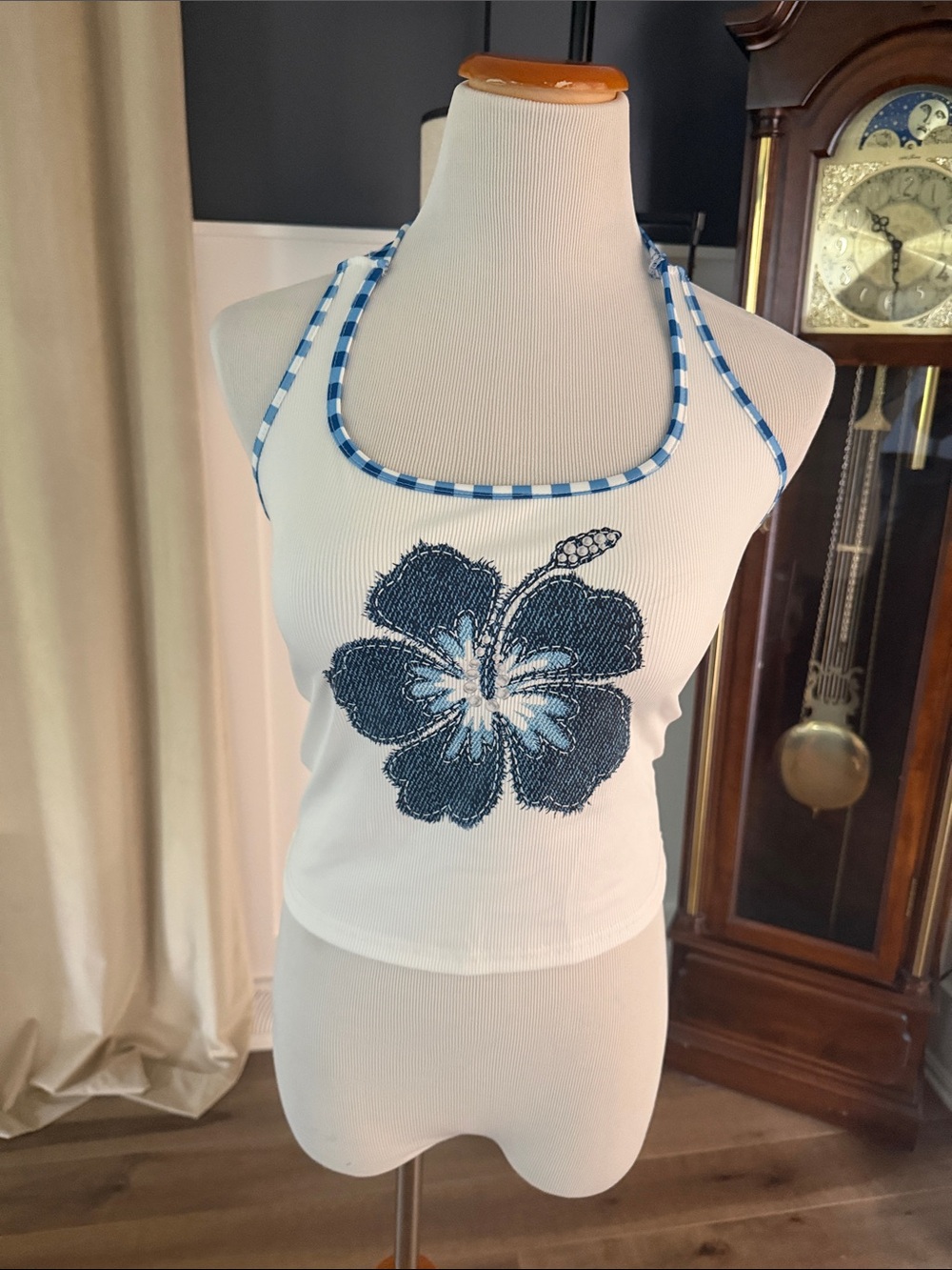 SHEIN White Ribbed Halter Tank with Blue Floral Detail 💋